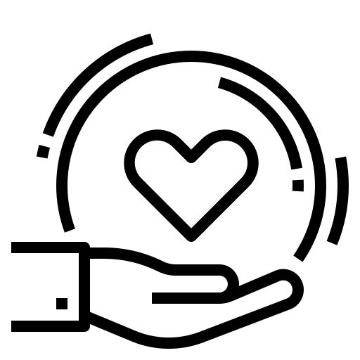 Black outline of a hand holding a love heart in a circle