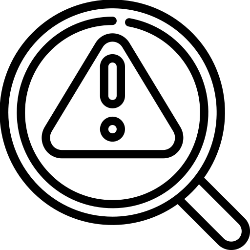 Black outline of a magnifying glass over a warning triangle