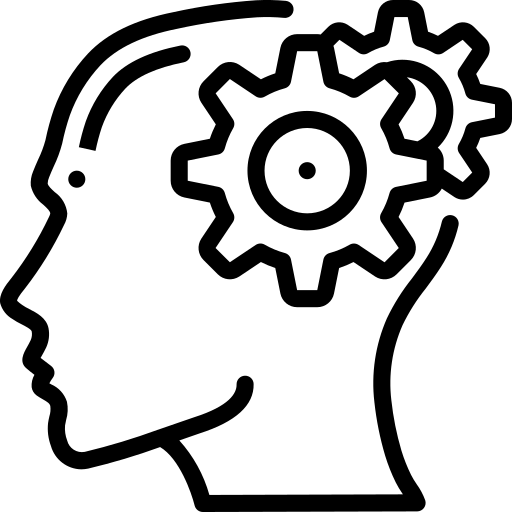 Black outline of a head with cogs over the brain
